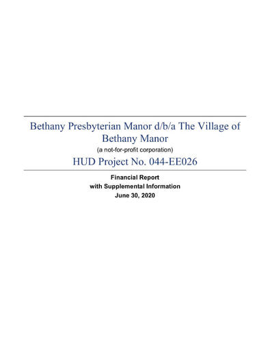 Bethany Manor Financial Report 2020