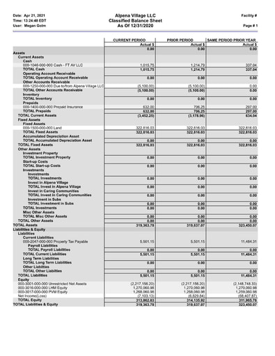 Alpena Pines Financial Report 2020